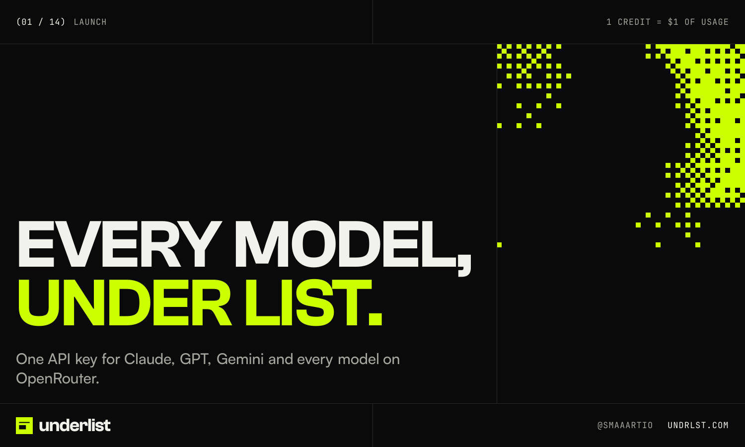 underlist post 01 of 14, Launch: “Every model, under list.”