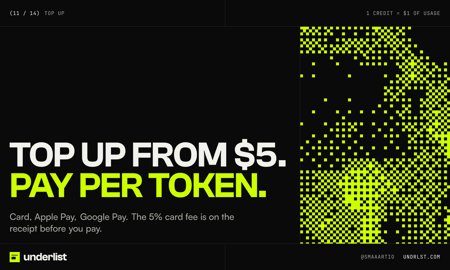 underlist post 11 of 14, Top up: “Top up from $5. Pay per token.”